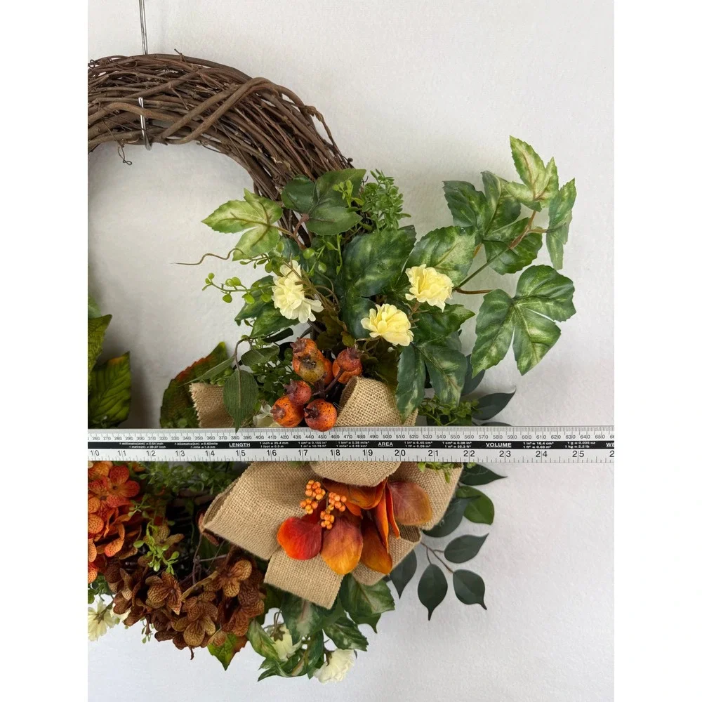 Handmade Fall Grapevine Wreath Orange Hydrangea Burlap Bow Autumn Decor